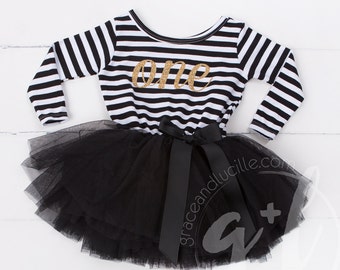 First Birthday outfit monogrammed dress long sleeve Black and white with gold glitter