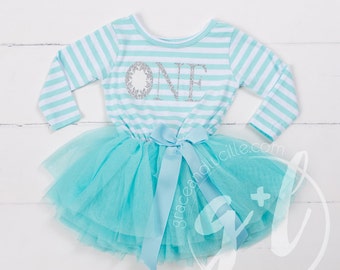 Frozen Birthday Dress, 1st Birthday Outfit, tutu dress Mint tutu for girls or toddlers, Mint long sleeve dress with silver letters