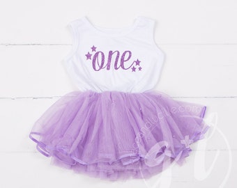 First Birthday outfit dress with purple letters and stars and purple tutu for girls or toddlers Sofia the first, Purple tutu dress