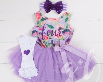 Fourth Birthday floral outfit dress with script four and purple tutu for girls or toddlers, Floral dress, custom dress, sleeveless dress