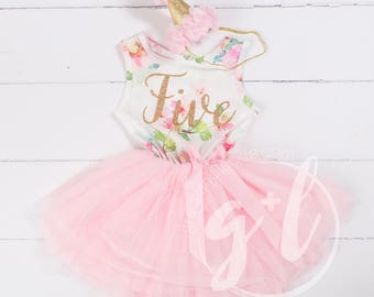 Pink Floral Fifth Birthday Outfit, Fifth Birthday Dress, 5th birthday outfit, Gold Glitter, Floral, Pink, sleeveless
