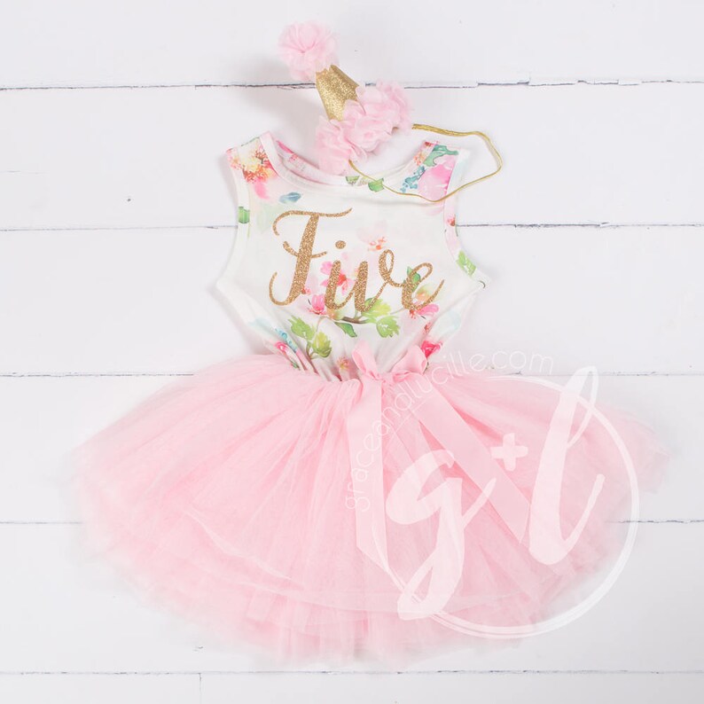 5th birthday outfit Pink Fifth Birthday Dress Pink Floral Fifth Birthday Outfit Gold Glitter Floral sleeveless