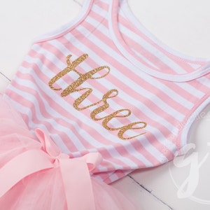 Third birthday outfit dress with gold letters and pink tutu for girls 3rd birthday, pink and gold image 3