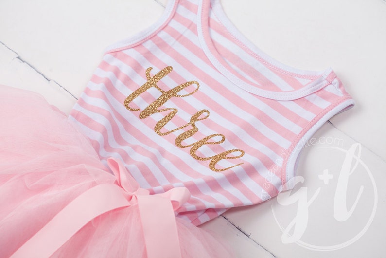 Third birthday outfit dress with gold letters and pink tutu for girls 3rd birthday, pink and gold image 3