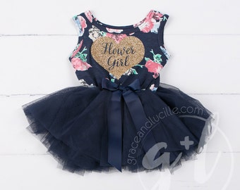 Flower Girl Floral Dress, floral tutu dress, gold glitter heart with "flower girl" cut out, flower girl navy blue dress