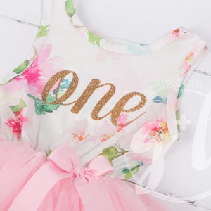 Pink Floral First Birthday Outfit, First Birthday Dress, 1st birthday outfit, 1st birthday dress, Gold Glitter, Floral, Pink, sleeveless image 5