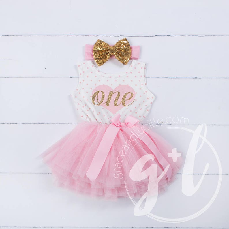 First Birthday outfit, First Birthday Dress, Pink and gold birthday outfit, 1st birthday outfit, sleeveless, polka dots, heart image 2