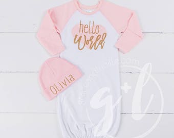 Hello World Pink Heart & Gold Newborn Gown with Pink Personalized Beanie, Newborn, Infant, Welcome Home