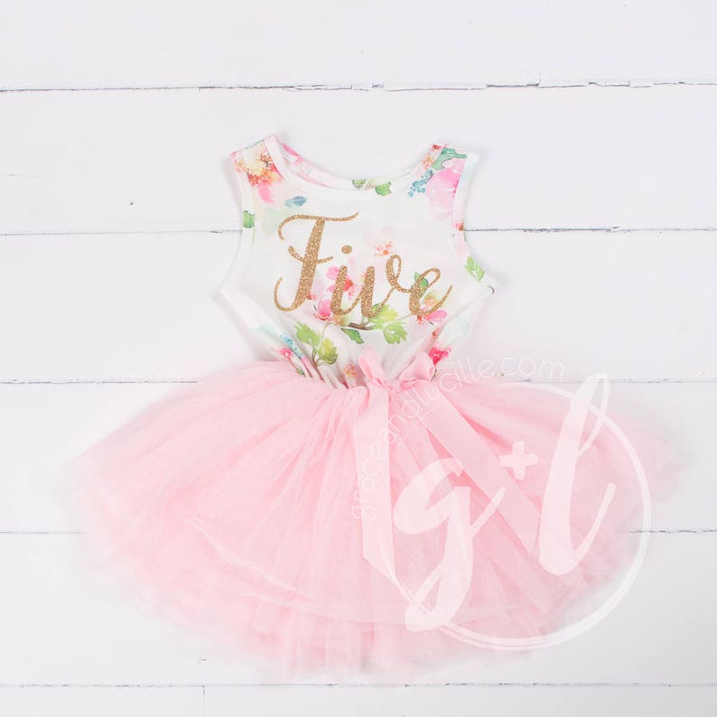 5th birthday outfit Pink Fifth Birthday Dress Pink Floral Fifth Birthday Outfit Gold Glitter Floral sleeveless