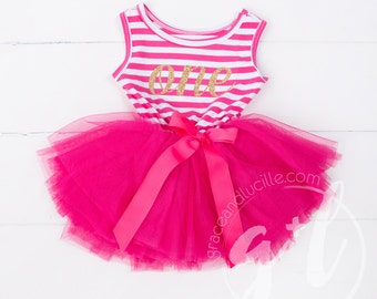 First Birthday outfit dress with gold letters and bright pink tutu for girls Custom Name or Age