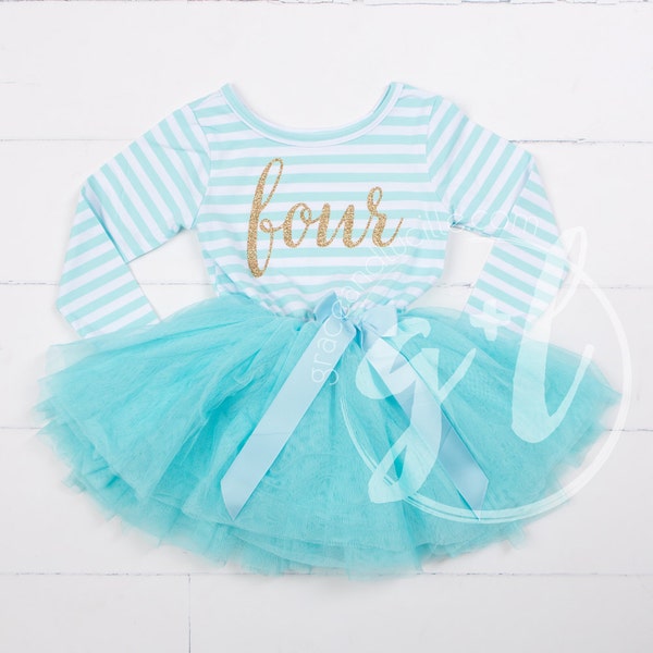 Fourth Birthday Dress, Mint and gold, 4th Birthday Outfit, tutu dress Mint and gold tutu for girls or toddlers, Princess, tutu, frozen