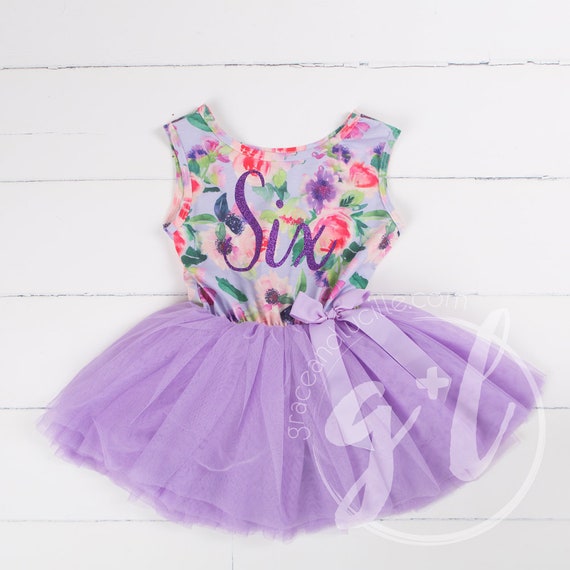 Sixth Birthday floral outfit dress with script six and purple tutu for girls or toddlers, Floral dress, custom dress, sleeveless dress