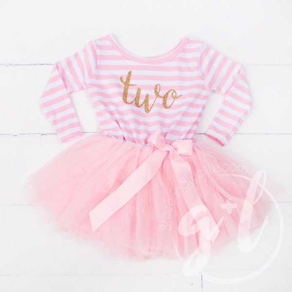Second Birthday outfit dress with gold letters and pink tutu for girls long sleeve