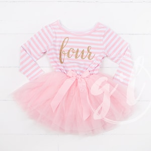 Fourth birthday outfit, 4th birthday dress, Long Sleeve, tutu dress with gold letters and pink tutu for girls 4th birthday image 1