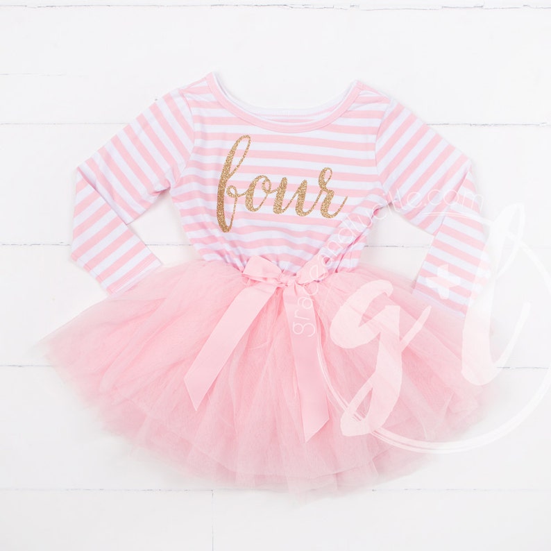 Fourth birthday outfit, 4th birthday dress, Long Sleeve, tutu dress with gold letters and pink tutu for girls 4th birthday image 1