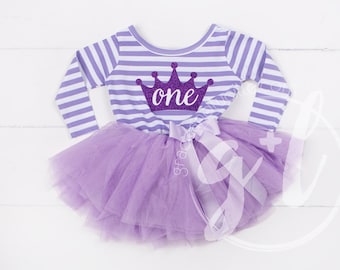 First Birthday outfit, Princess dress with crown, Long sleeve, purple letters and purple tutu, toddlers Sofia the first 1st birthday