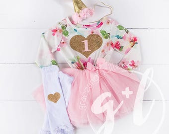 First Birthday Outfit Pink Floral Long Sleeve Gold Heart "1" Tutu Dress Gold Bow on Pink Headband