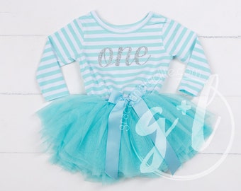 First Birthday dress, 1st Birthday Outfit, tutu dress Mint tutu for girls or toddlers, Mint long sleeve dress with silver glitter letters