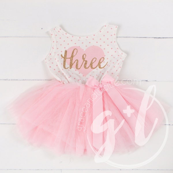 Third Birthday outfit, Third Birthday Dress, Pink and gold birthday outfit, 3rd birthday outfit, sleeveless, polka dots, heart