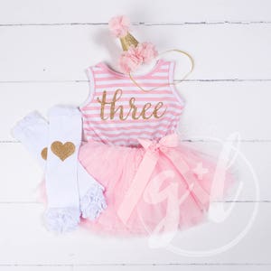Third birthday outfit dress with gold letters and pink tutu for girls 3rd birthday, pink and gold image 2