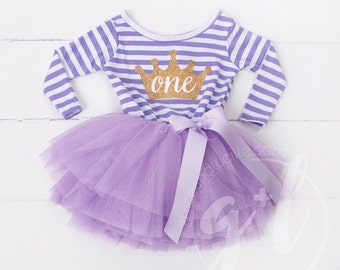 First Birthday outfit dress long sleeve with gold letters and purple tutu for girls or toddlers Sofia the first, crown