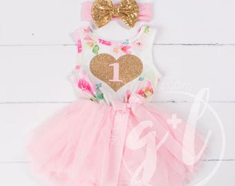 Pink Floral First Birthday Outfit, First Birthday Heart of Gold Dress, 1st birthday outfit, 1st birthday dress, Floral, Pink, sleeveless