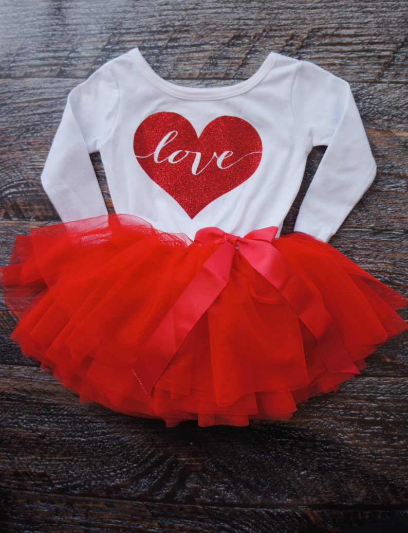 Heart Full of Love Dress Outfit with white top and red tutu Customizable red glitter heart, valentine's day image 1
