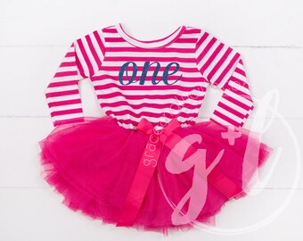 First Birthday outfit dress with blue letters and magenta tutu, Girls Custom Name or Age, long sleeve, Magenta striped birthday dress