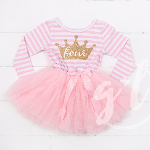 Tenue de quatrième anniversaire, robe de 4ème anniversaire, robe tutu avec lettres dorées et tutu rose pour les filles 4ème anniversaire