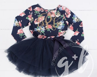 Navy Floral Party dress outfit girl with Gold monogram, Initials, navy tutu for girls or toddlers, Floral dress, custom dress, long sleeve