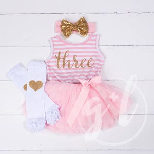 Third birthday outfit dress with gold letters and pink tutu for girls 3rd birthday, pink and gold