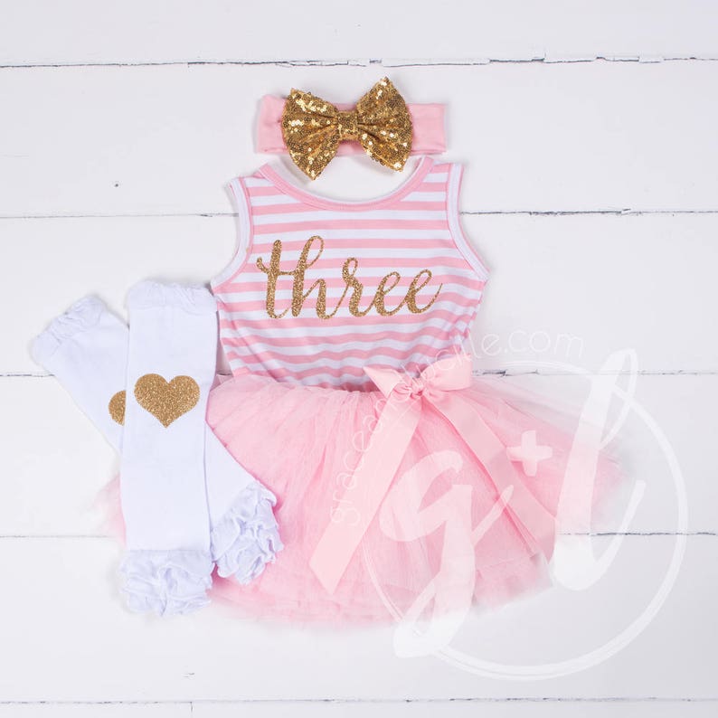 Third birthday outfit dress with gold letters and pink tutu for girls 3rd birthday, pink and gold image 1