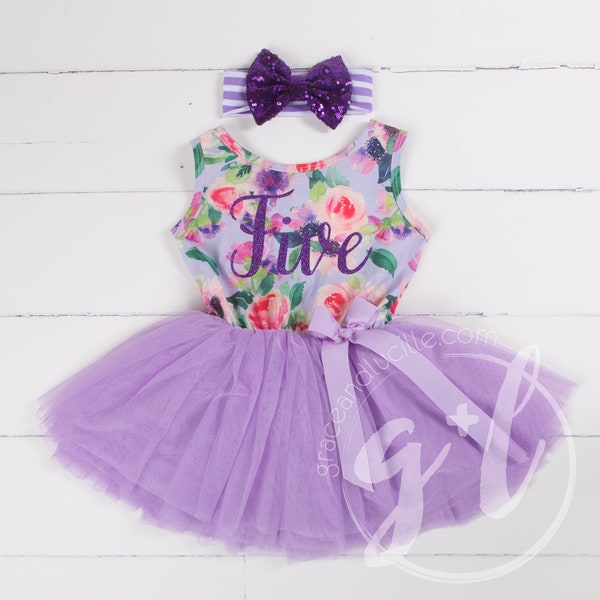 Five Birthday floral outfit dress with script five and purple tutu for girls or toddlers, Floral dress, custom dress, sleeveless dress