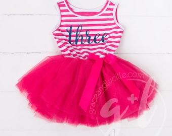 Third Birthday Outfit, Third Birthday dress with navy glitter letters and bright pink tutu for girls Custom Name or Age