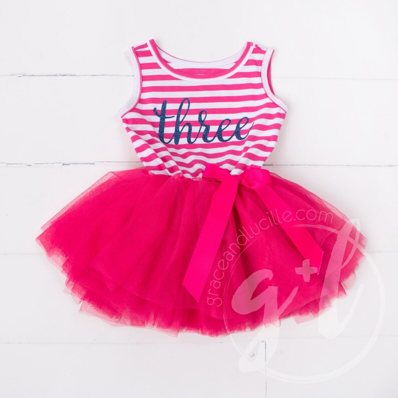 Third Birthday dress with navy glitter letters and bright pink tutu for girls Custom Name or Age Third Birthday Outfit