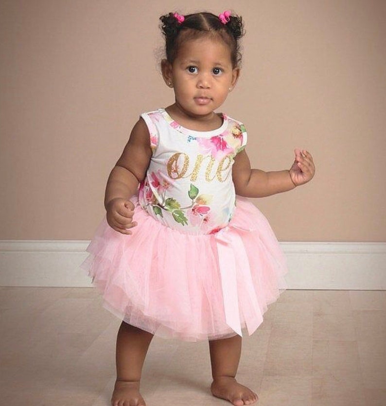 Pink Floral First Birthday Outfit, First Birthday Dress, 1st birthday outfit, 1st birthday dress, Gold Glitter, Floral, Pink, sleeveless image 3