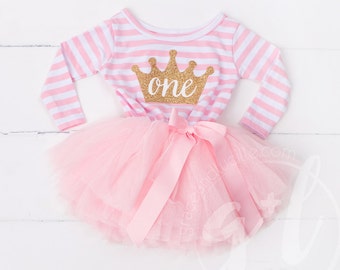 First Birthday Outfit Dress long sleeve with gold letters and pink tutu for girls or toddlers Crown with one