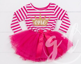 First Birthday outfit dress with gold letters and magenta tutu for girls Custom Name or Age, long sleeve, Magenta striped birthday dress