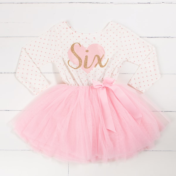 Robe de sixième anniversaire pour petites filles, robe tutu rose à pois à manches longues