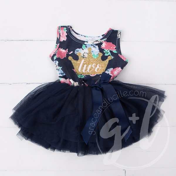 Second Birthday Floral Outfit dress with gold glitter crown and navy blue tutu for girls or toddlers, Floral dress, custom dress
