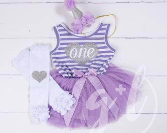 First Birthday Outfit Dress with silver heart and purple tutu for girls or toddlers Sofia the first, First Birthday outfit, silver heart