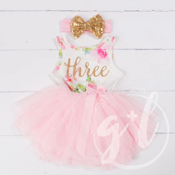 Pink Floral Third Birthday Outfit, Third Birthday Dress, 3rd birthday outfit, 3rd birthday dress, Floral, Pink, sleeveless