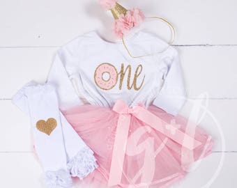 Donut Birthday Outfit dress, First Birthday Dress, Pink gold birthday, Donut Party dress, First Birthday pink and gold dress, long sleeve