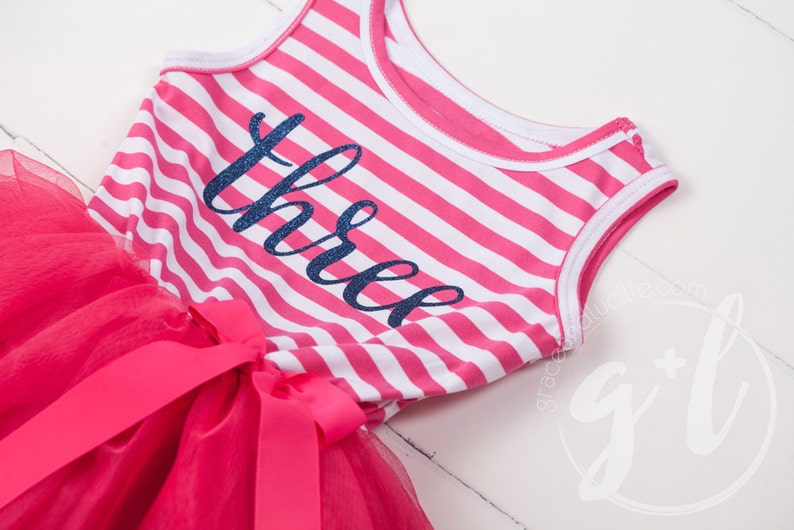 Third Birthday dress with navy glitter letters and bright pink tutu for girls Custom Name or Age Third Birthday Outfit