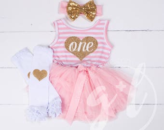 First Birthday Outfit Girls, First Birthday Gold Dress with Heart, Love Birthday, Pink and Gold outfit, tutu dress, pink and gold tutu dress