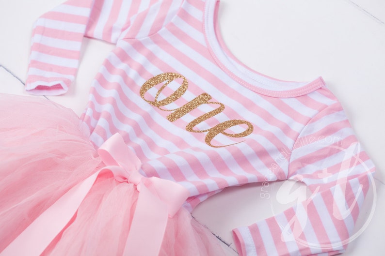 First Birthday Outfit Dress with gold letters and pink tutu for girls or toddlers Long Sleeve Dress, Long Sleeve outfit image 2