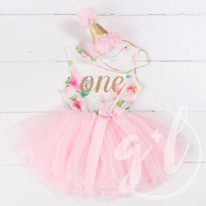 Pink Floral First Birthday Outfit, First Birthday Dress, 1st birthday outfit, 1st birthday dress, Gold Glitter, Floral, Pink, sleeveless image 2