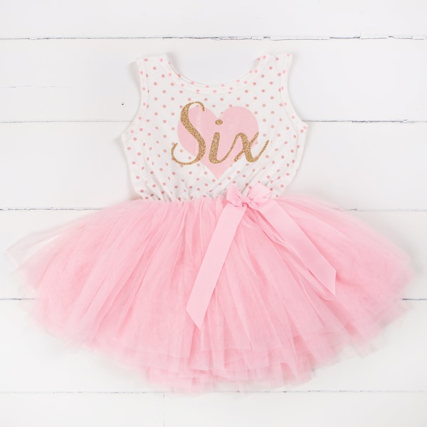 Sixth birthday dress for little girls, pink polka dot sleeveless tutu dress