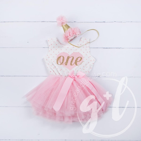 First Birthday outfit, First Birthday Dress, Pink and gold birthday outfit, 1st birthday outfit, sleeveless, polka dots, heart