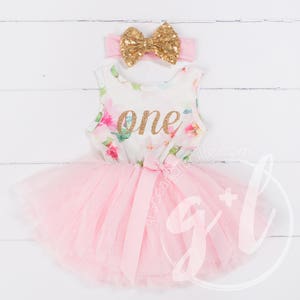 Pink Floral First Birthday Outfit, First Birthday Dress, 1st birthday outfit, 1st birthday dress, Gold Glitter, Floral, Pink, sleeveless image 4